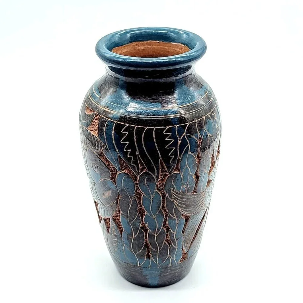 South American Handmade Artisan Signed Carved Fish Vase